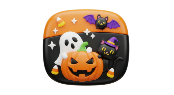 A festive Halloween scene featuring a grinning jack-o'-lantern, a friendly ghost, a black cat in a witch hat, and a bat, all surrounded by candy corn and sta...