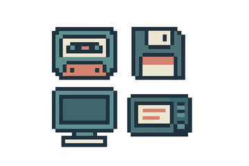 Pixel art icons of vintage computer peripherals and common household objects