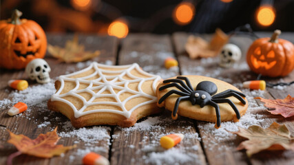 Cozy yet spooky Halloween treats &ndash; high-resolution cookies with candy corn, pumpkins and miniature skulls