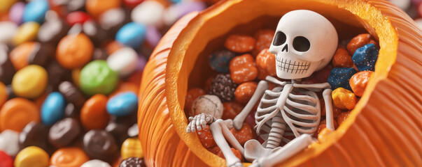 Fototapeta premium whimsical scene featuring a skeleton inside a pumpkin filled with colorful candy, perfect for Halloween festivities.