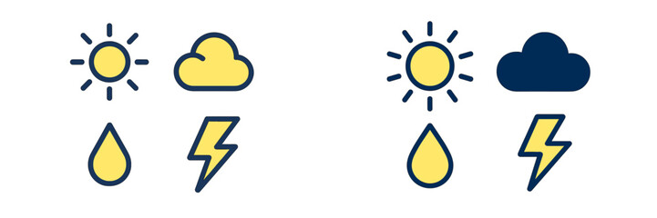 Set of weather forecast icons including sun, cloud, rain, and lightning for various atmospheric conditions