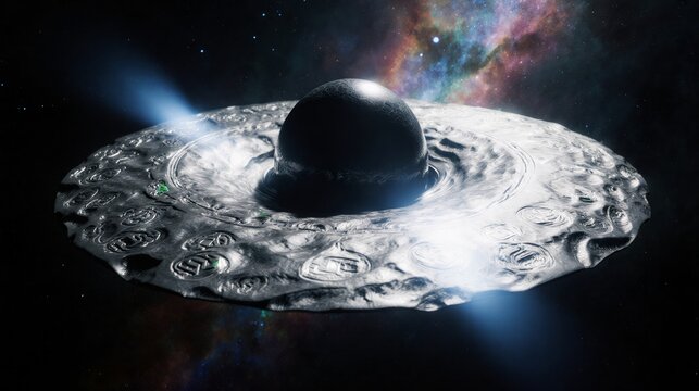 Mysterious alien spacecraft hovering in deep space with glowing lights and nebula background