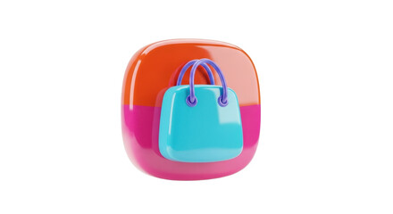 A vibrant 3D icon featuring a turquoise handbag superimposed on a rounded square with orange and pink gradient layers, symbolizing shopping and commerce.