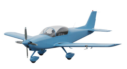 Isolated light blue airplane model, a small single engine plane on an angle in the air