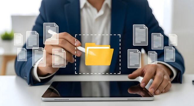 Man in suit using tablet with stylus to interact with digital documents and folder icons overlayed