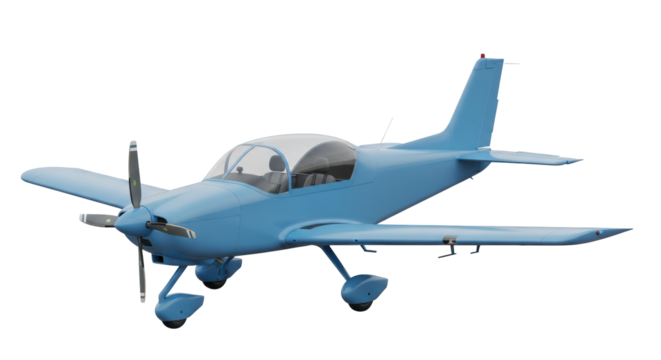 Isolated light blue airplane model, a small single engine plane on an angle in the air
