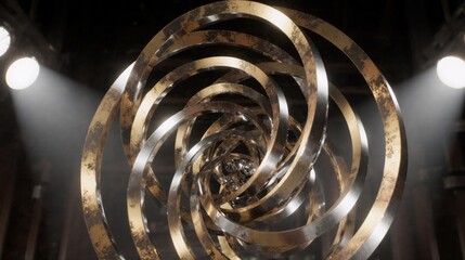 Hypnotic abstract metallic spiral sculpture under dramatic spotlight illumination