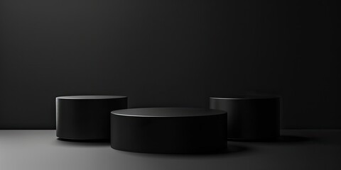 Black background with golden lines and podium for product presentation, abstract luxury geometric design template with round platform for display, 3D render mockup concept