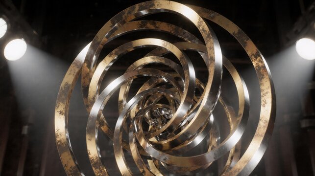 Hypnotic abstract metallic spiral sculpture under dramatic spotlight illumination - Powered by Adobe