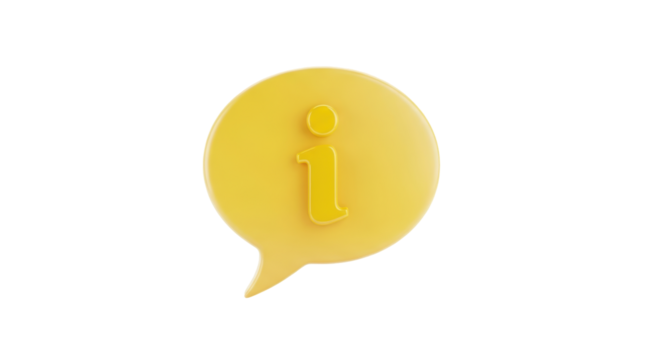 Isolated 3D yellow speech bubble with information icon offering assistance and support