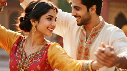 Romantic Indian couple dancing joyfully in traditional clothing outdoors during a vibrant cultural celebration