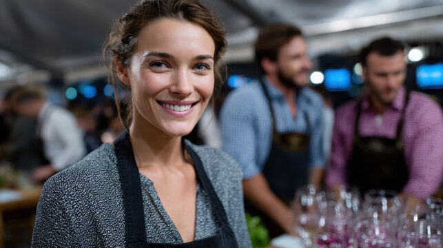 A woman in an apron smiles warmly at a wine service event, highlighting the charm of social gatherings where drinks and delightful conversations flow freely among attendees.