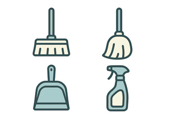 Collection of essential household cleaning tools including brooms, dustpan, and spray bottle for domestic chores