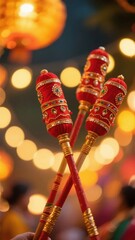 Dandiya sticks Decorative sticks for festive dance ceremony with festive bokeh lights background for invitation design