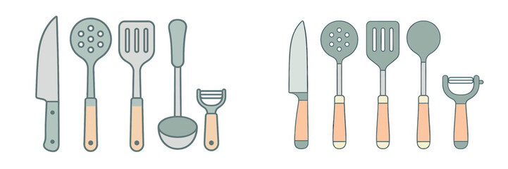 Assortment of essential kitchen utensils for cooking and food preparation including knife, ladle, spatula, and peeler