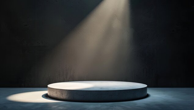 Dark background, spotlight shining on the round podium in front of it, light and shadow effects, high resolution photography, high detail, hyper realistic, cinematic lighting