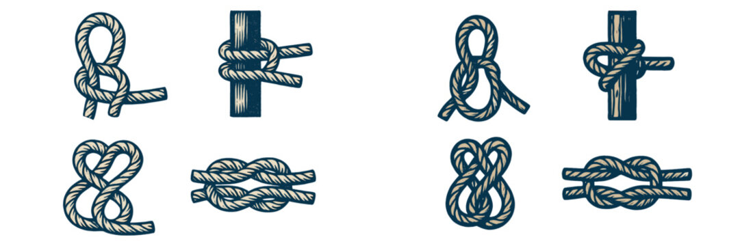 Detailed collection of traditional nautical rope knots and secure ties, essential for maritime, sailing, and boating themes