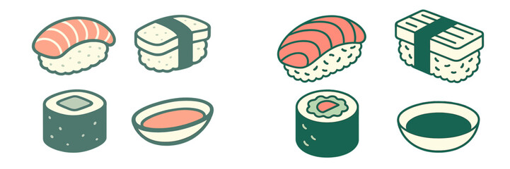 Set of popular Japanese sushi dishes including salmon nigiri, tamago nigiri, maki rolls, and a soy sauce bowl © icon_art