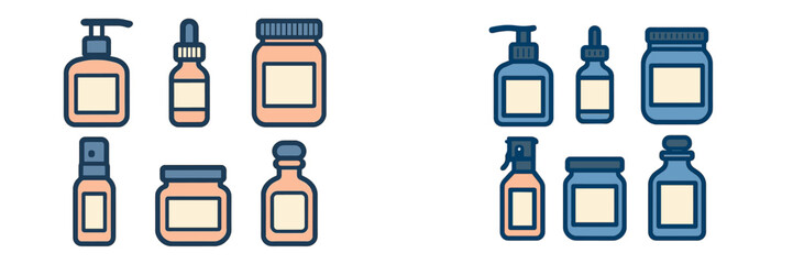 Modern collection of cosmetic product containers, beauty packaging icons, skincare bottles, and cream jars