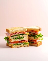 Two layered ham and cheese sandwiches