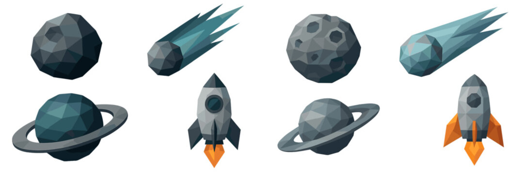 Low poly space objects set with planets, comets, and rockets in a geometric style for cosmic exploration designs