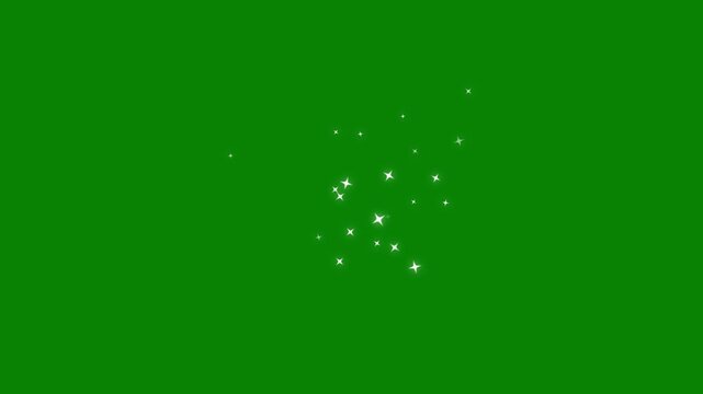 Simple white sparkle effect, glittering magic dust animation, cartoon twinkle stars trail, shining doodle star burst, glowing light particles loop on green transparent background. 4k