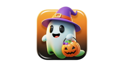 A cheerful cartoon ghost wearing a purple witch hat, holding a jack-o'-lantern bucket filled with colorful candies, against a gradient orange background.