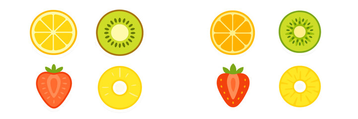 Bright and colorful collection of fresh tropical and berry fruit slices including lemon, kiwi, strawberry, and pineapple