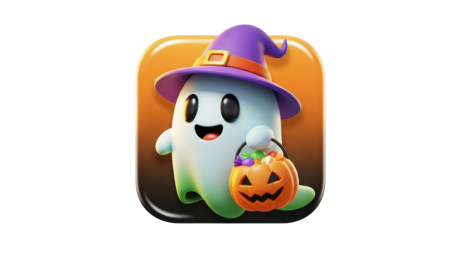 A cheerful cartoon ghost wearing a purple witch hat, holding a jack-o'-lantern bucket filled with colorful candies, against a gradient orange background.