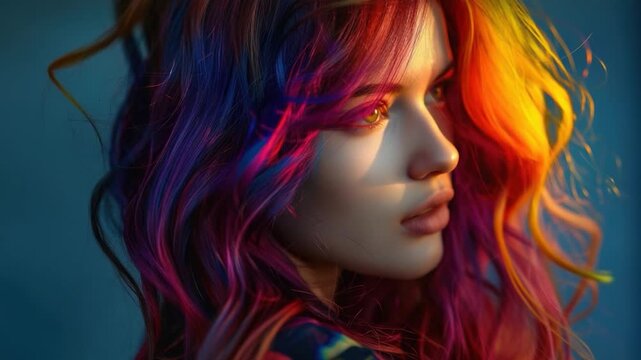 A woman with colorful hair looks off-camera, possibly in contemplation or lost in thought