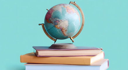 Stack of books with antique globe on top against pastel blue background, suitable for education, learning, and knowledge concepts

