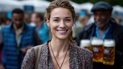 A festive atmosphere encapsulates this image where a cheerful woman smiles at the camera, joined by friends holding beer, celebrating together in a joyous environment.