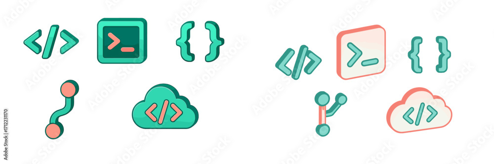 Wall mural modern programming and development icons set with cloud computing, code brackets, terminal symbols, 