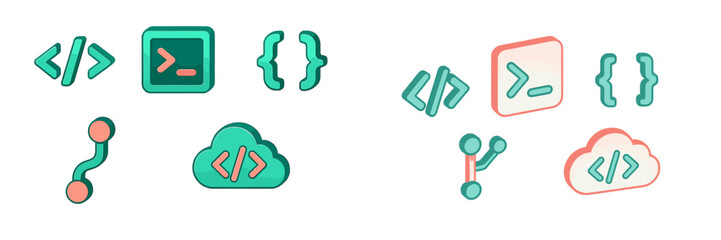 Modern programming and development icons set with cloud computing, code brackets, terminal symbols, and version control elements