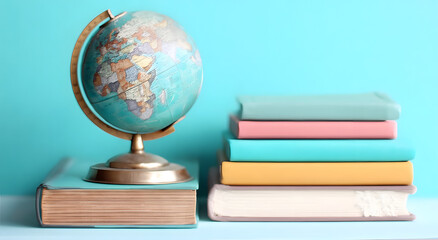 Stack of books with antique globe on top against pastel blue background, suitable for education, learning, and knowledge concepts
