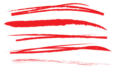 Set of red ink brush strokes. Collection of textured red ink brush strokes with varying thickness, rough edges, and artistic design elements useful for digital art backgrounds. Vector 10eps

