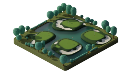 Golf course layout with water hazards and manicured greens.