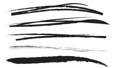 Set of black ink brush strokes. Collection of textured black ink brush strokes with varying thickness, rough edges, and artistic design elements useful for digital art backgrounds. Vector 10eps

