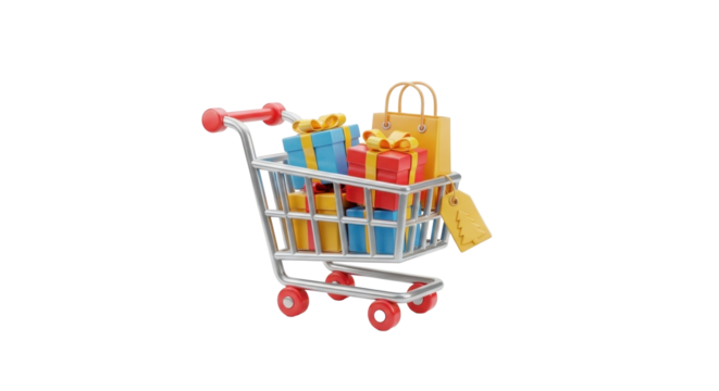 A 3D rendered shopping cart filled with colorful wrapped gift boxes and a paper bag, isolated on a white background.