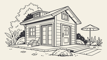 Obraz premium Small House Illustration Cozy Cottage Drawing Simple Home Design Line Art Black and White Garden Patio Summer Vacation Rental Real Estate Architecture House Plan Home Exterior Cute H.