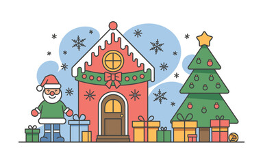 Charming santa claus and christmas tree outside a festive decorated house