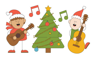 Two people in santa hats singing and playing guitars by a christmas tree