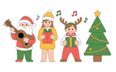 Christmas characters singing carols with a decorated tree