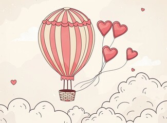 Obraz premium A hot air balloon flying in the sky, with hearts and clouds below it. A red ribbon is flowing from one of its flights to add romance.