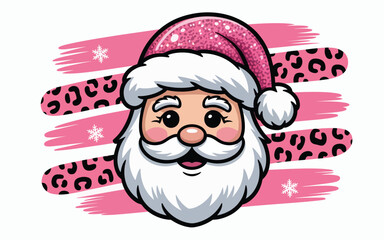 Cute santa claus face with pink leopard print and brush strokes