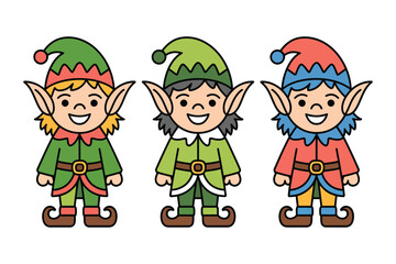 Three cute cartoon elves wearing colorful christmas outfits