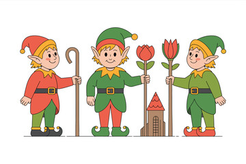 Three cheerful elves in festive clothing holding gifts and flowers