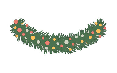 Festive christmas garland with colorful lights and pine needles