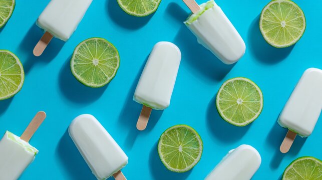 Lime popsicles dipped in white chocolate, bright turquoise background, scattered lime wedges, playful tropical style, copy space