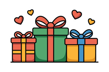 Three colorful gift boxes with ribbons and hearts for celebrations
